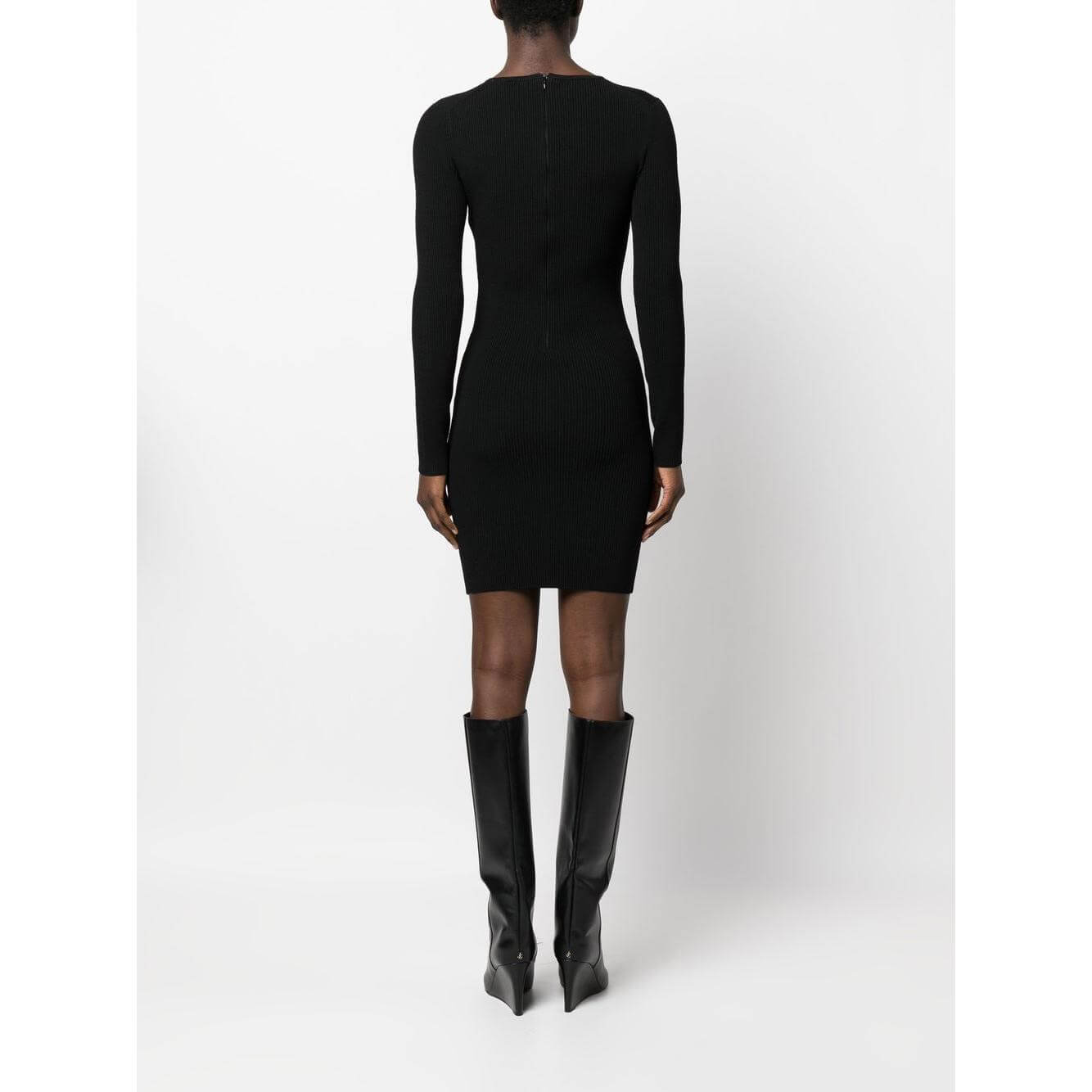 Black ribbed-knit mini dress with long sleeves and cut-out detail by MICHAEL MICHAEL KORS, made from recycled materials.