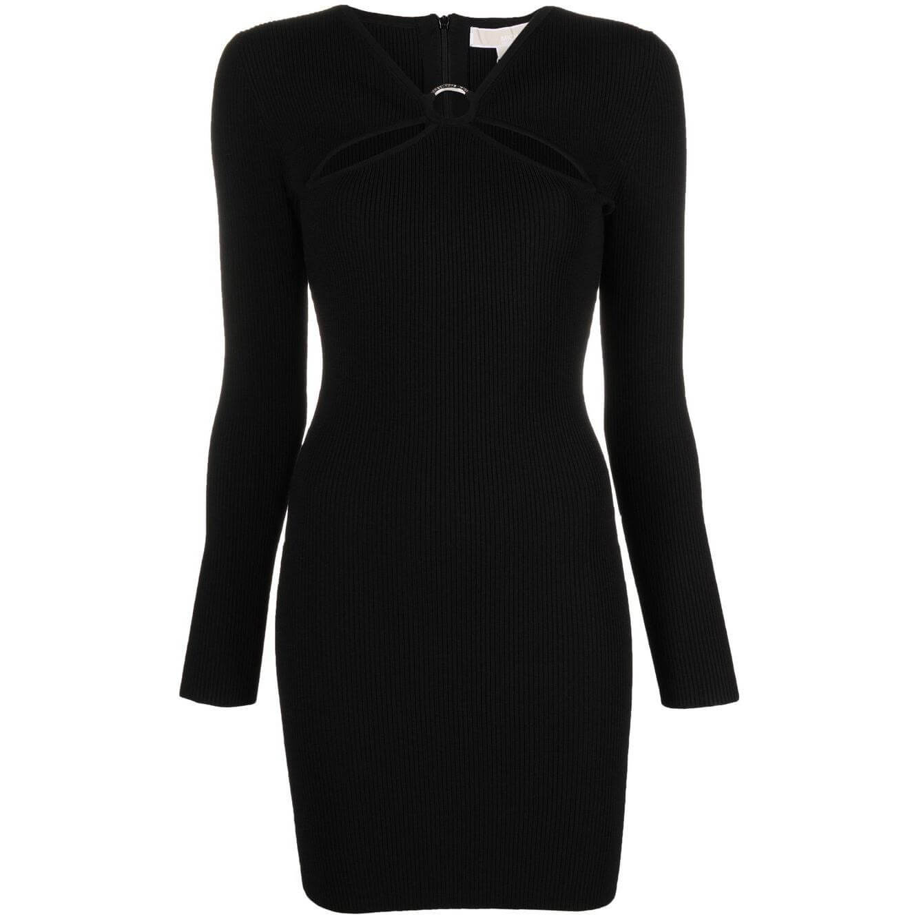 Alt Tag: Black ribbed-knit mini dress by MICHAEL MICHAEL KORS with cut-out detail, long sleeves, and rear zip. Made from recycled materials.