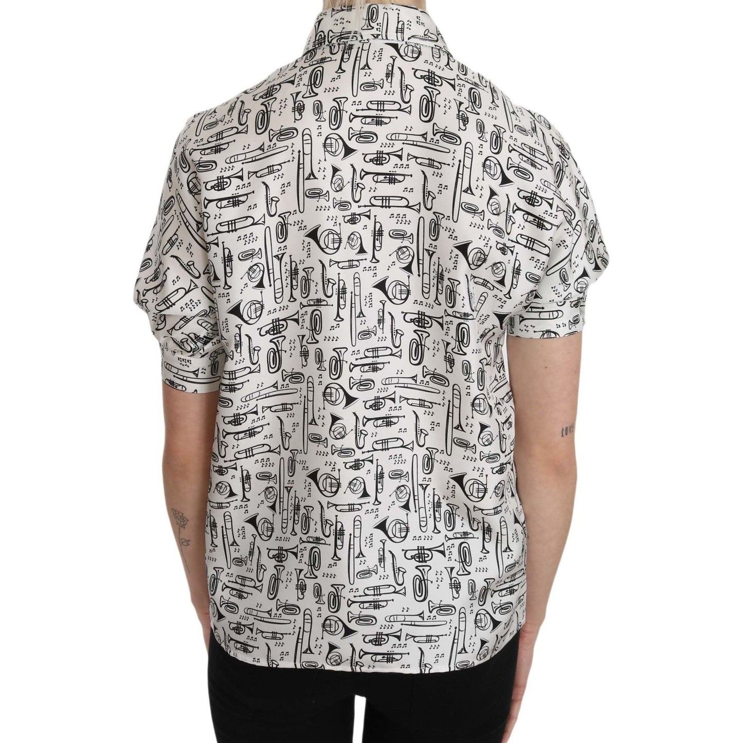 Dolce & Gabbana Trumpet Print Button Front Silk Top Blouse TSH3227-36