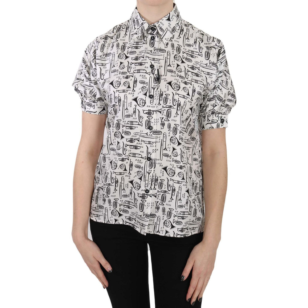 Dolce & Gabbana Trumpet Print Button Front Silk Top Blouse TSH3227-36