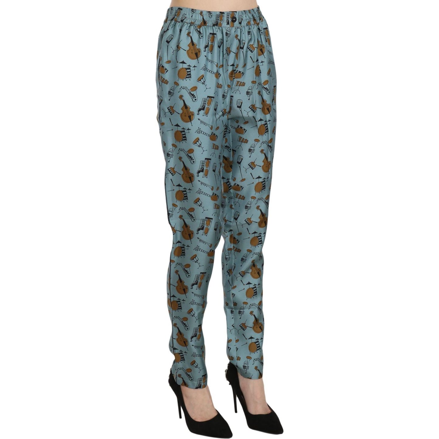 Dolce & Gabbana High Waist Tapered Silk Pants in Blue Print Dolce & Gabbana Dim Gray