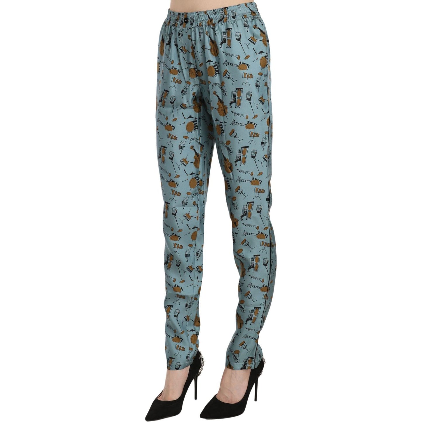 Dolce & Gabbana High Waist Tapered Silk Pants in Blue Print Dolce & Gabbana Slate Gray