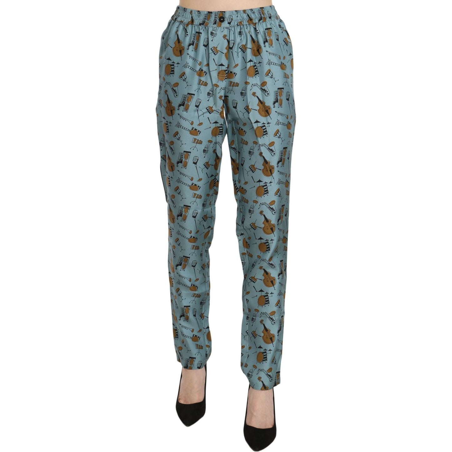 Dolce & Gabbana High Waist Tapered Silk Pants in Blue Print Dolce & Gabbana Dim Gray