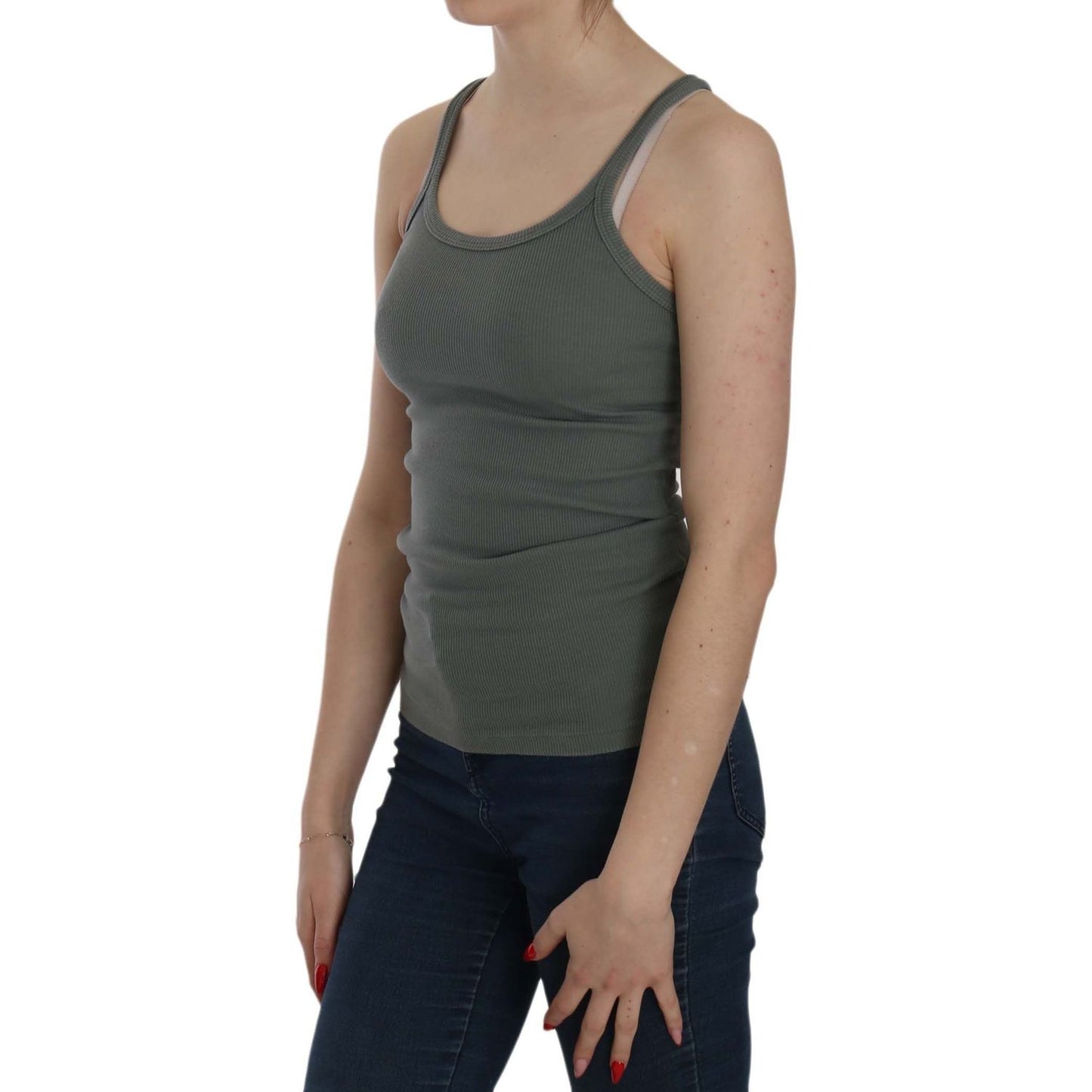 PINK MEMORIES Elegant Round Neck Sleeveless Green Cotton Blouse PINK MEMORIES Dark Slate Gray