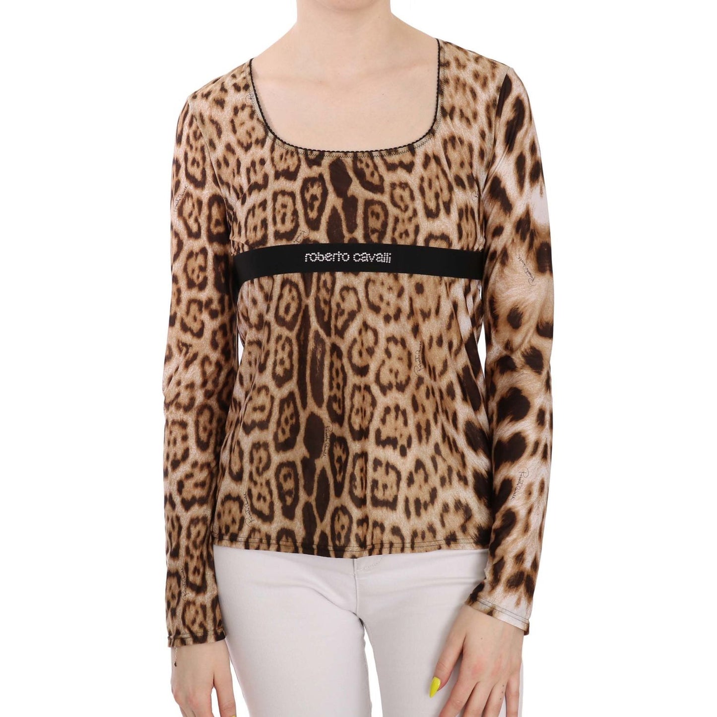 Roberto Cavalli Brown Round Neck Leopard Women Top Blouse TSH3671-46