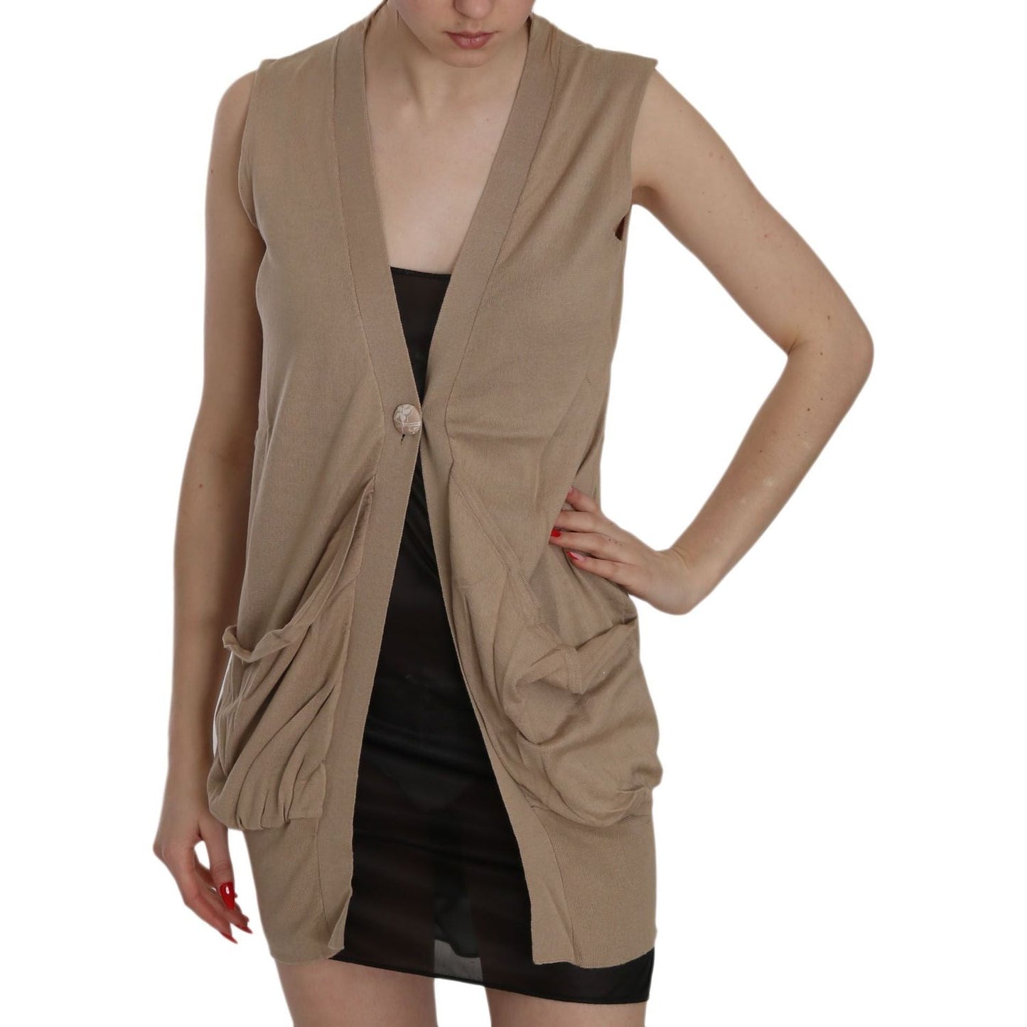 PINK MEMORIES Brown 100% Cotton Sleeveless Cardigan Top Vest TSH3467-42