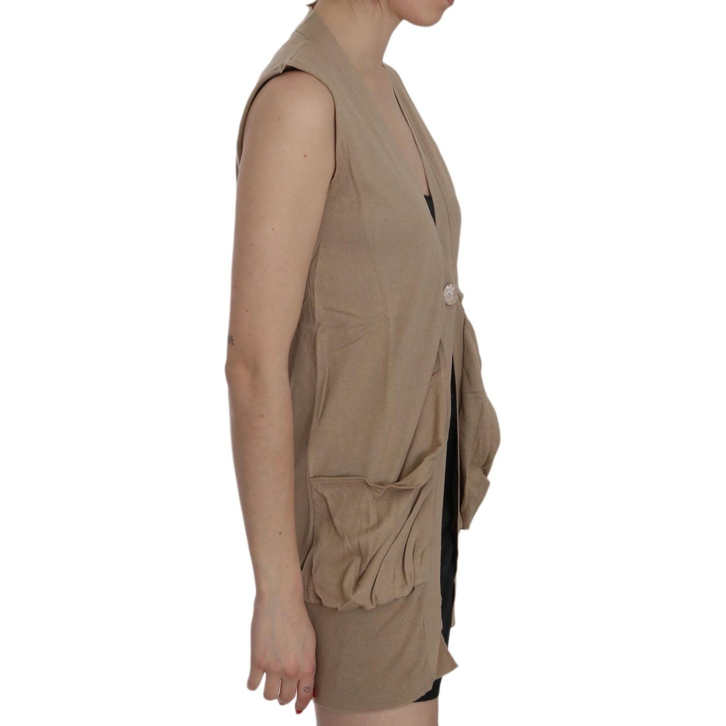 PINK MEMORIES Brown 100% Cotton Sleeveless Cardigan Top Vest TSH3467-42