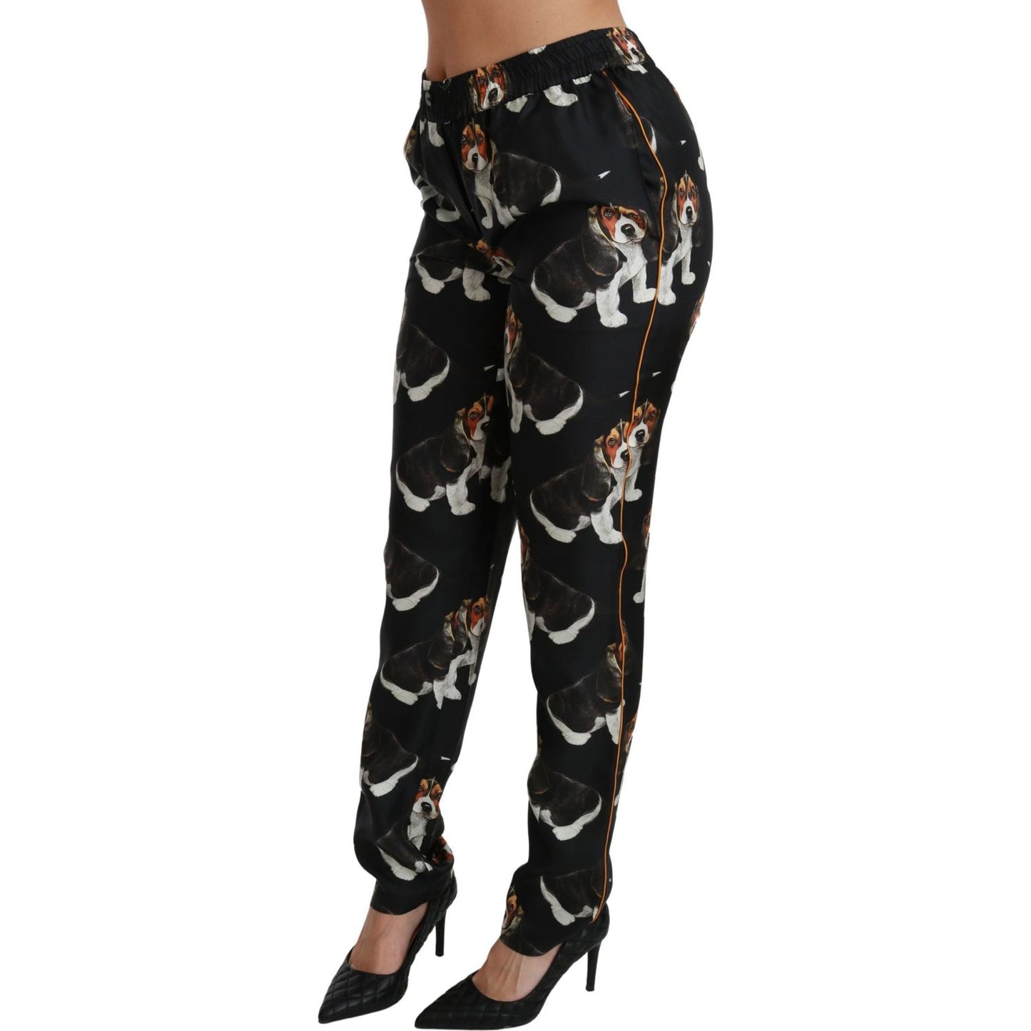 Dolce & Gabbana Elegant Silk Puppy Dog Print Pants Dolce & Gabbana Black