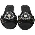 Dolce & Gabbana Black Taormina Lace Slides Crystals Flats Shoes