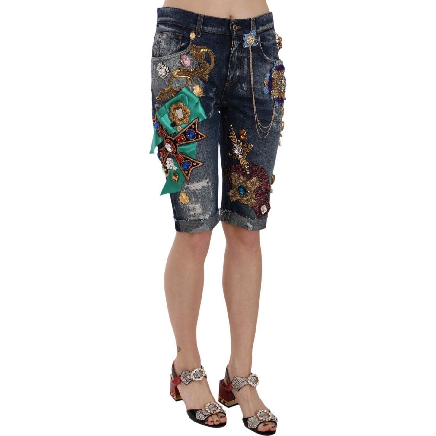 Dolce & Gabbana Elegant Knee-Length Embellished Denim Shorts Dolce & Gabbana Dark Slate Gray