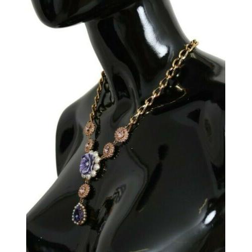 Dolce & Gabbana Elegant Gold Crystal Floral Charm Necklace Necklace Dolce & Gabbana Black