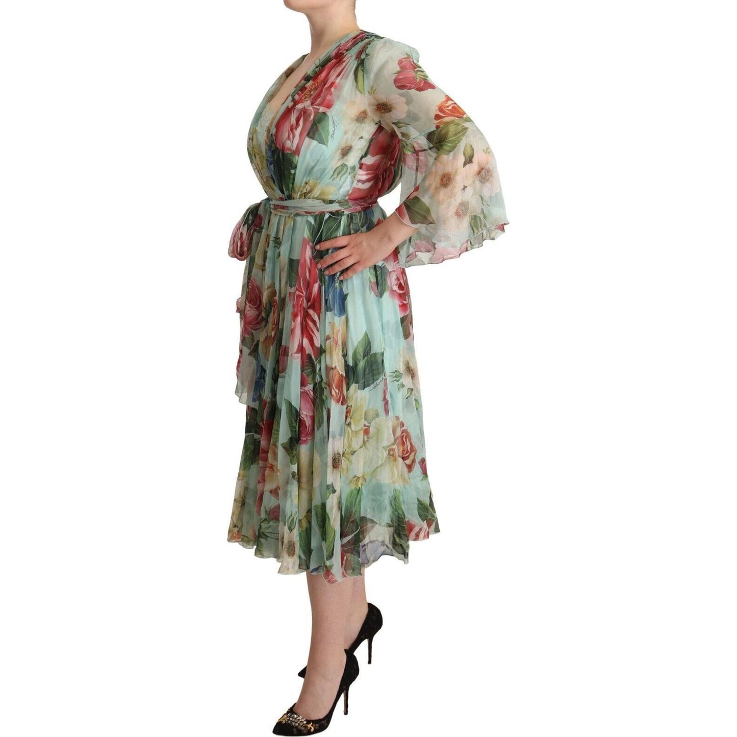 Dolce & Gabbana Elegant Floral Green Midi Silk Dress WOMAN DRESSES Dolce & Gabbana Rosy Brown