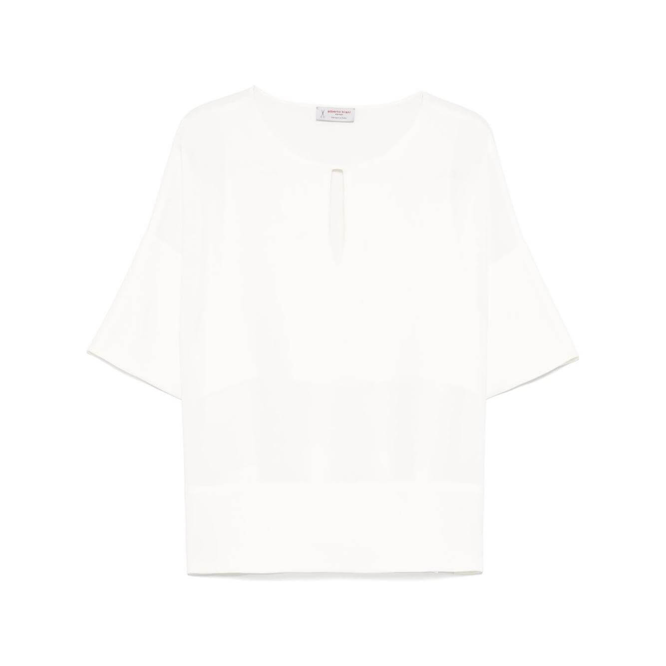 Alberto Biani white blouse with teardrop opening, drop shoulder, three-quarter sleeves, and short side slits.