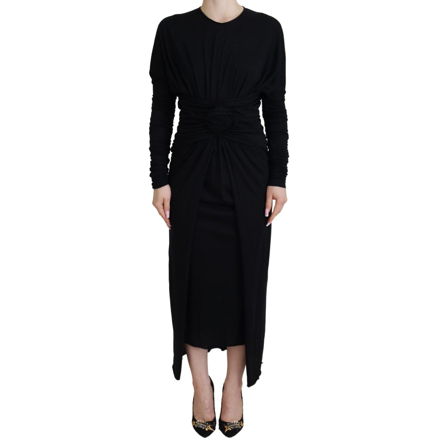 Dolce & Gabbana Elegant Sheath Wrap Dress with Long Sleeves Dolce & Gabbana Black