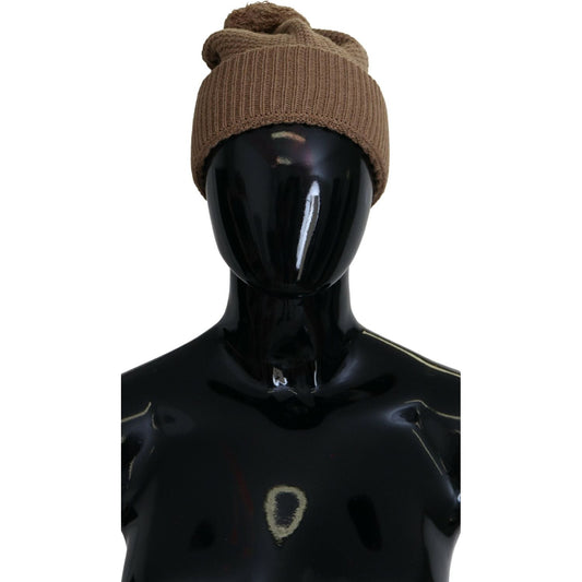 Dolce & Gabbana Brown Solid Knitted Fur Ball Winter Beanie Hat