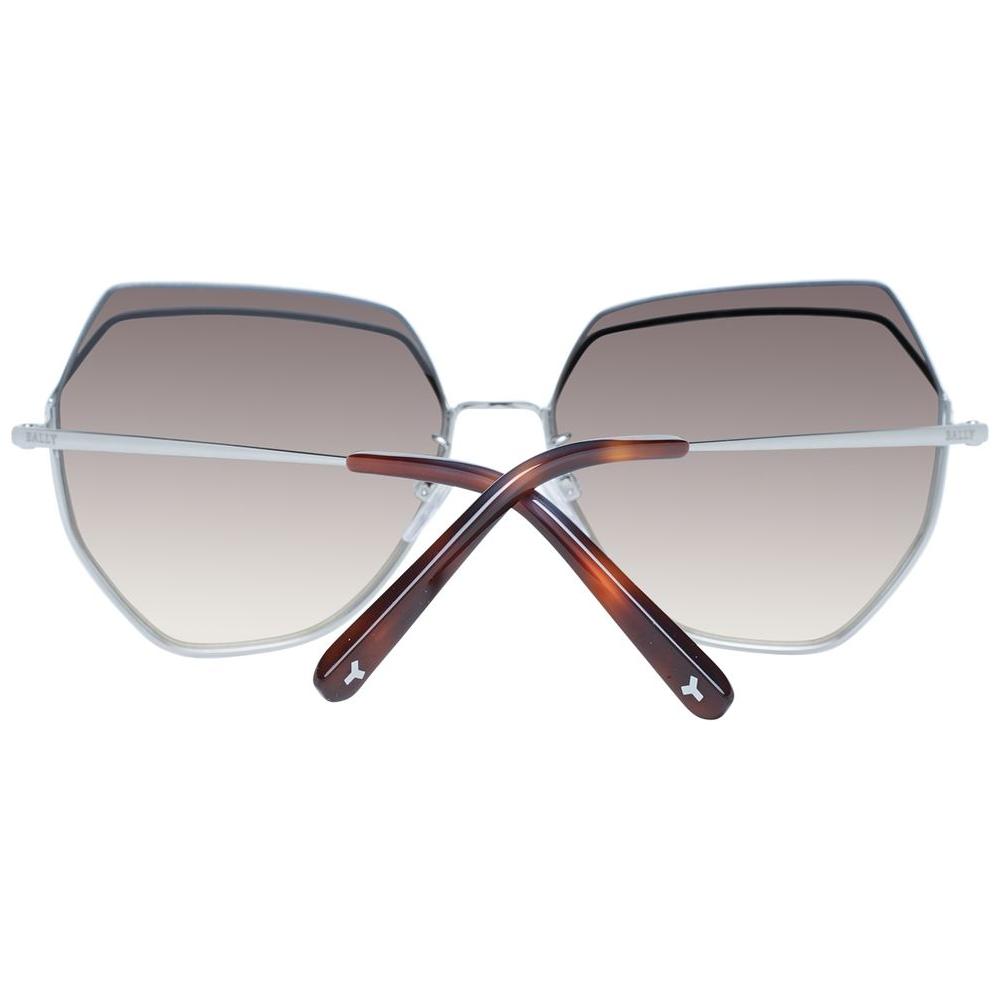 Bally silver women sunglasses with gradient multicolor lenses and metal trapezium half-rim frame, includes branded case.