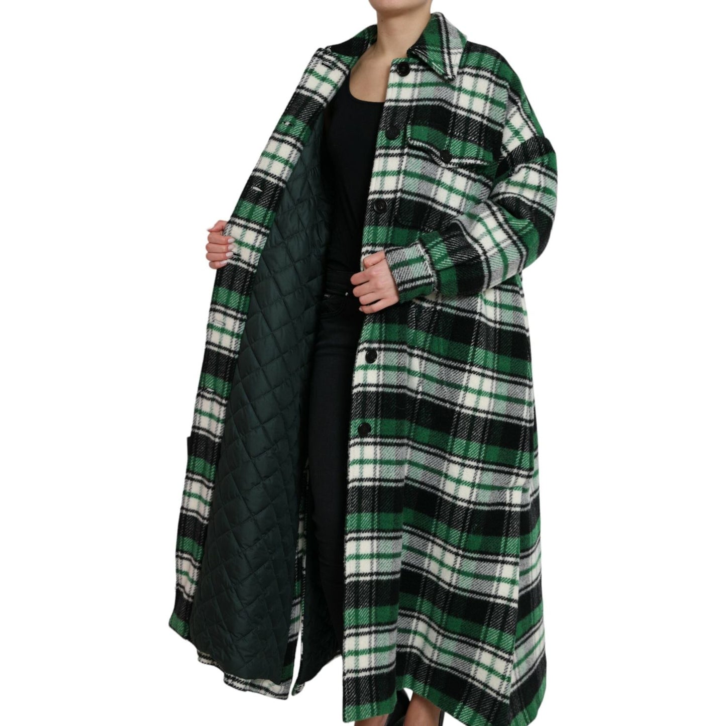 Dolce & Gabbana Elegant Green Plaid Long Coat Dolce & Gabbana Black