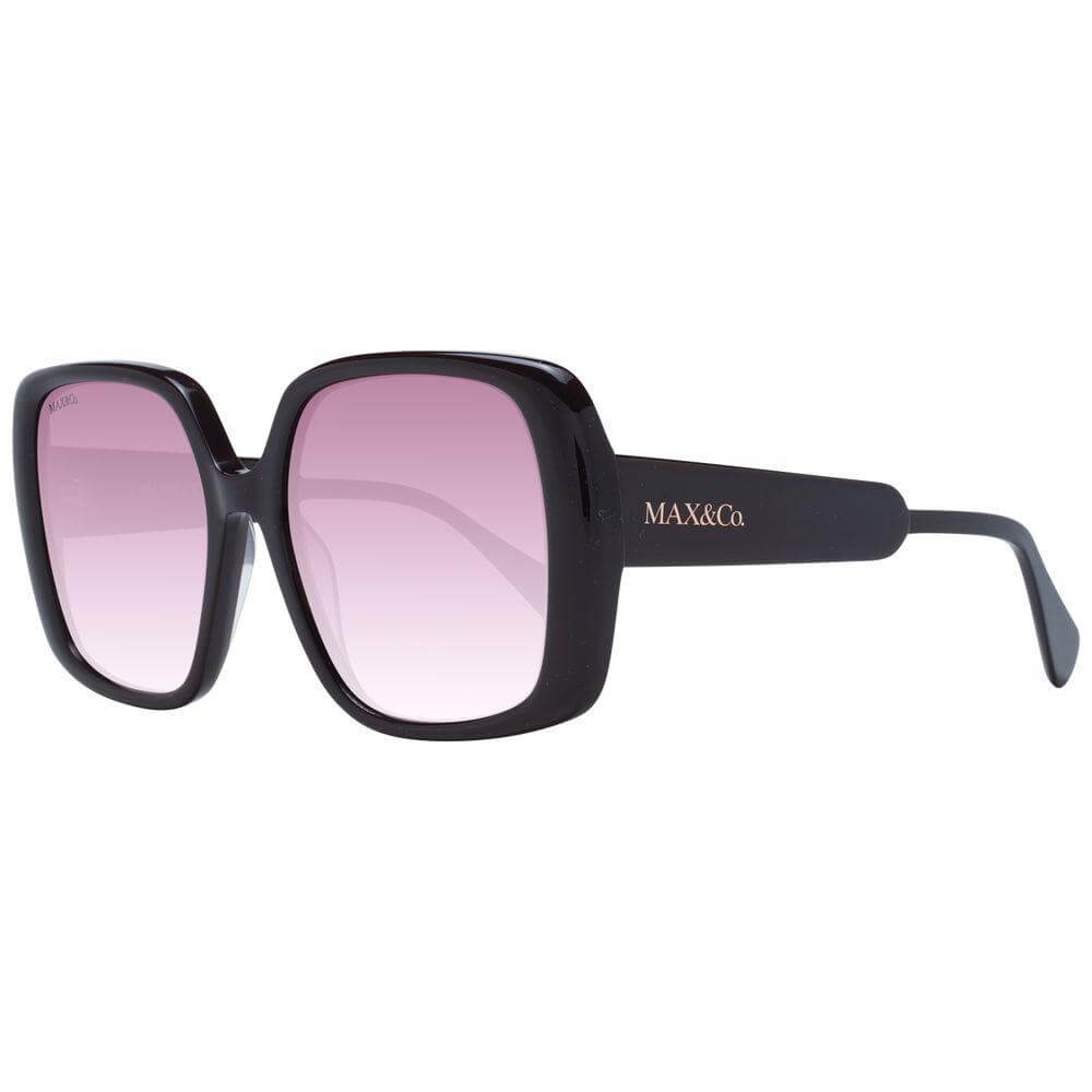 Max & Co brown women's sunglasses with full-rim square frame, burgundy gradient lenses, 100% UV protection, and branded case included.