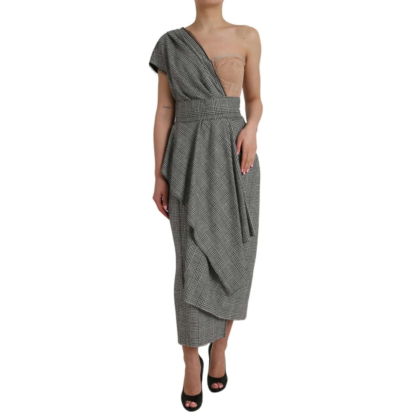 Dolce & Gabbana gray beige one shoulder plaid maxi dress with high craftsmanship and logo detail, model wearing in a studio setting.