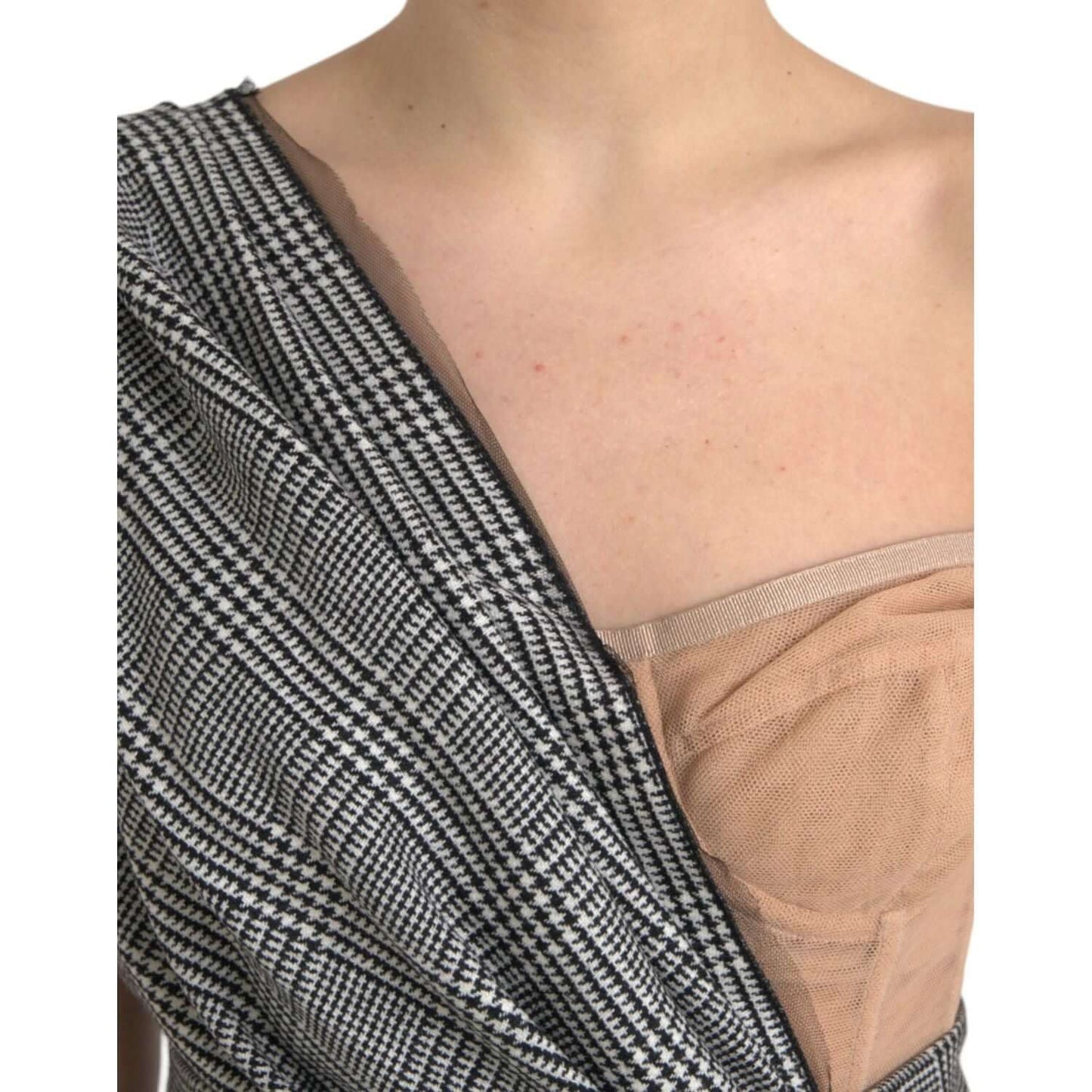 Dolce & Gabbana gray beige one shoulder maxi dress with plaid pattern, detailed fabric view, Italian craftsmanship, luxury fashion.