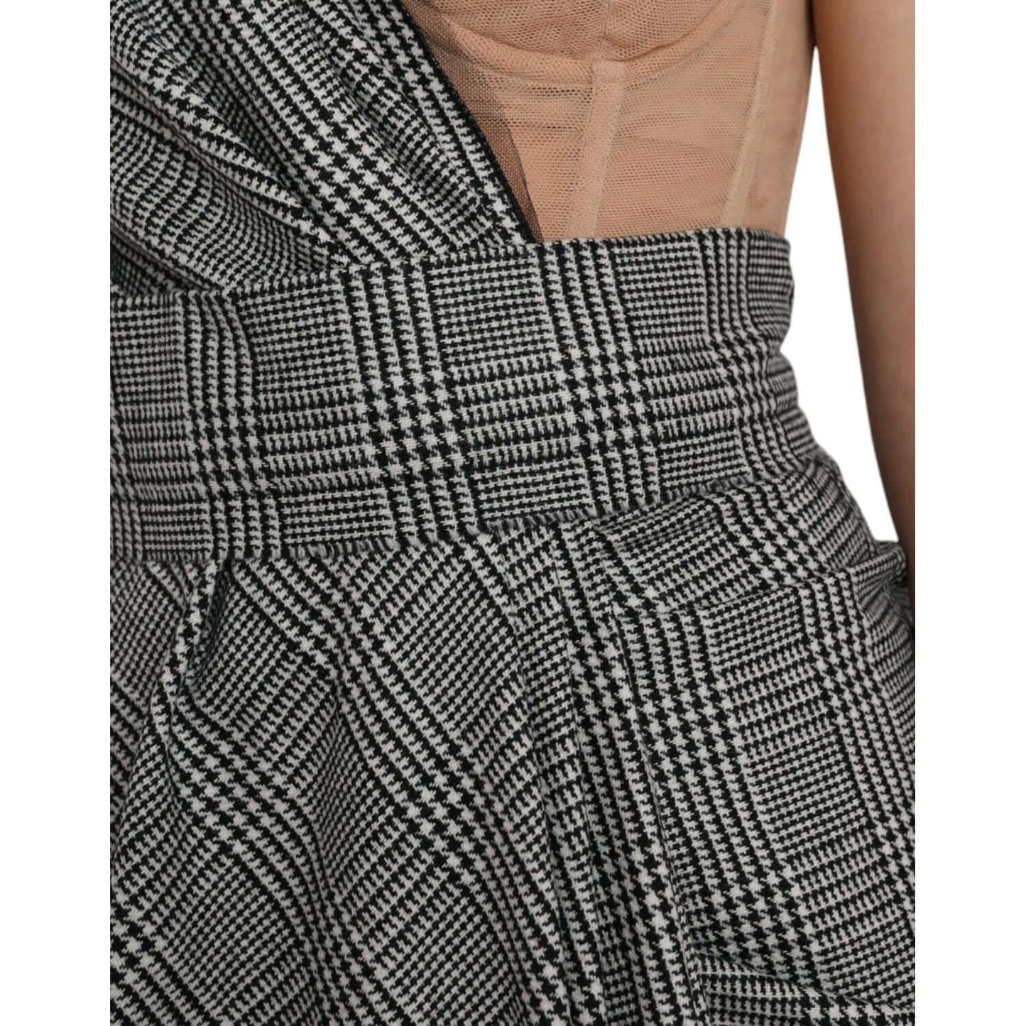 Dolce & Gabbana gray beige layered one shoulder maxi dress with plaid pattern, close-up fabric detail showcasing luxury craftsmanship.