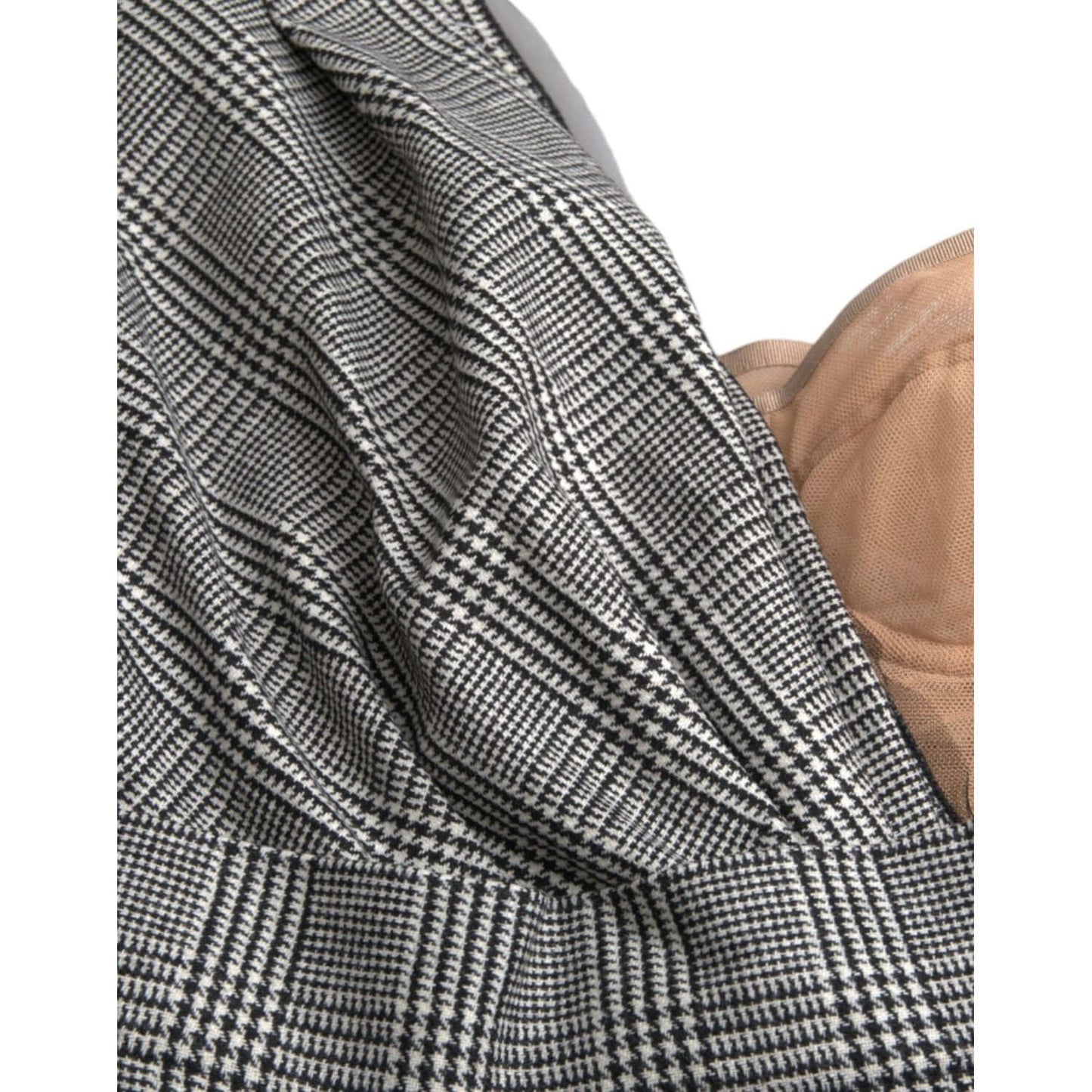 Close-up of Dolce & Gabbana Gray Beige Layered One Shoulder Maxi Dress with plaid pattern. High-quality fabric details visible.