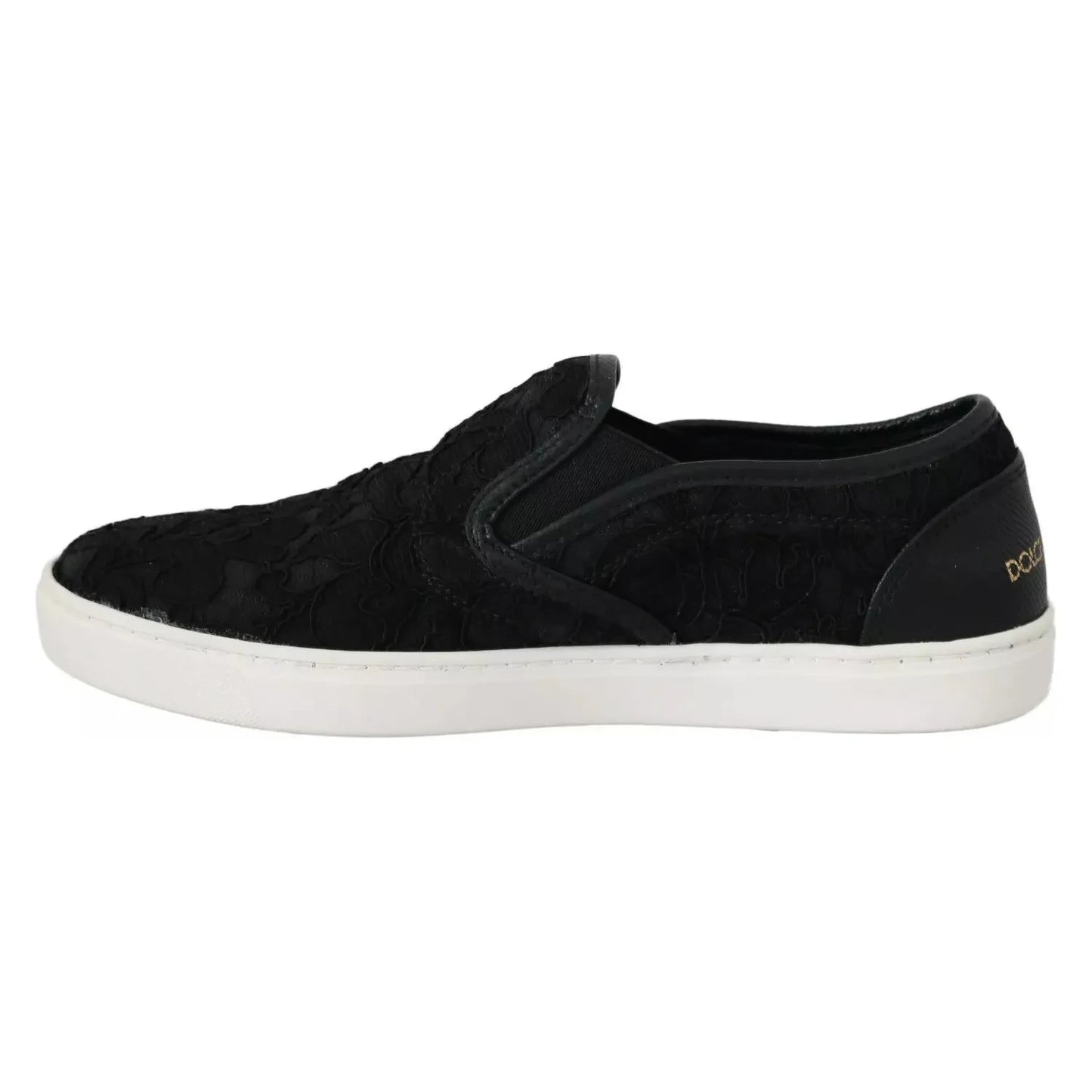 Dolce & Gabbana Black Lace Leather Logo Flat Slip-On Sneakers Dolce & Gabbana Black