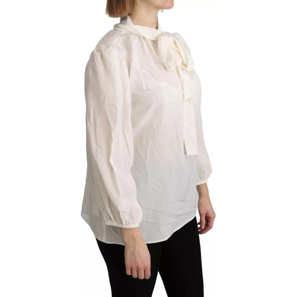 Dolce & Gabbana Off White Scarfneck Long Sleeves Blouse Silk Top Dolce & Gabbana Light Gray
