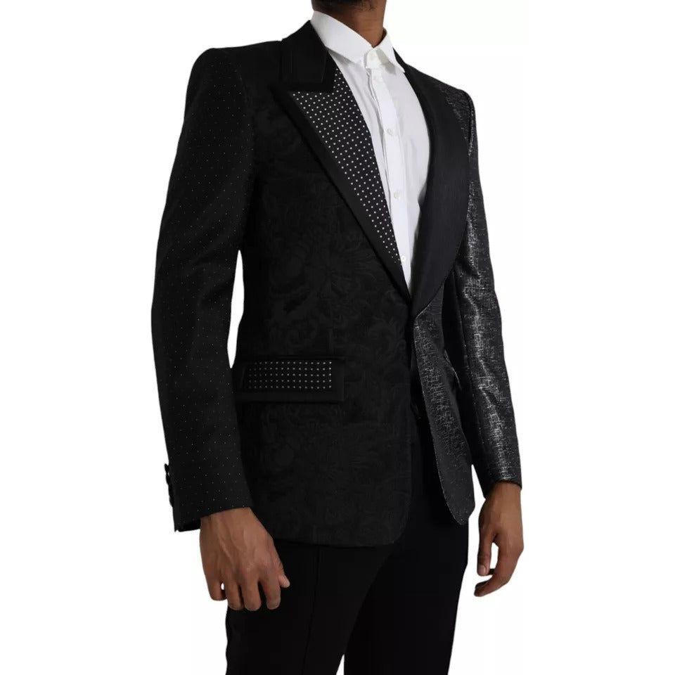 Dolce & Gabbana Black Silver Silk Single Breasted Coat Blazer Dolce & Gabbana Black