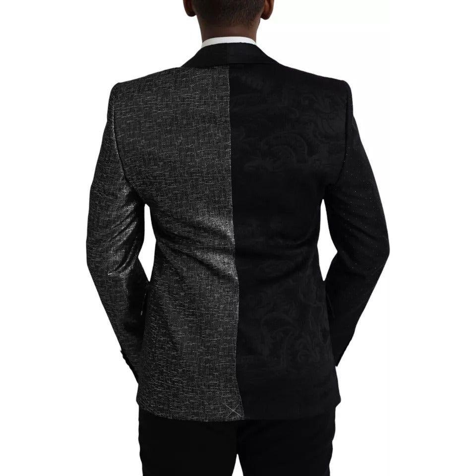 Dolce & Gabbana Black Silver Silk Single Breasted Coat Blazer Dolce & Gabbana Black