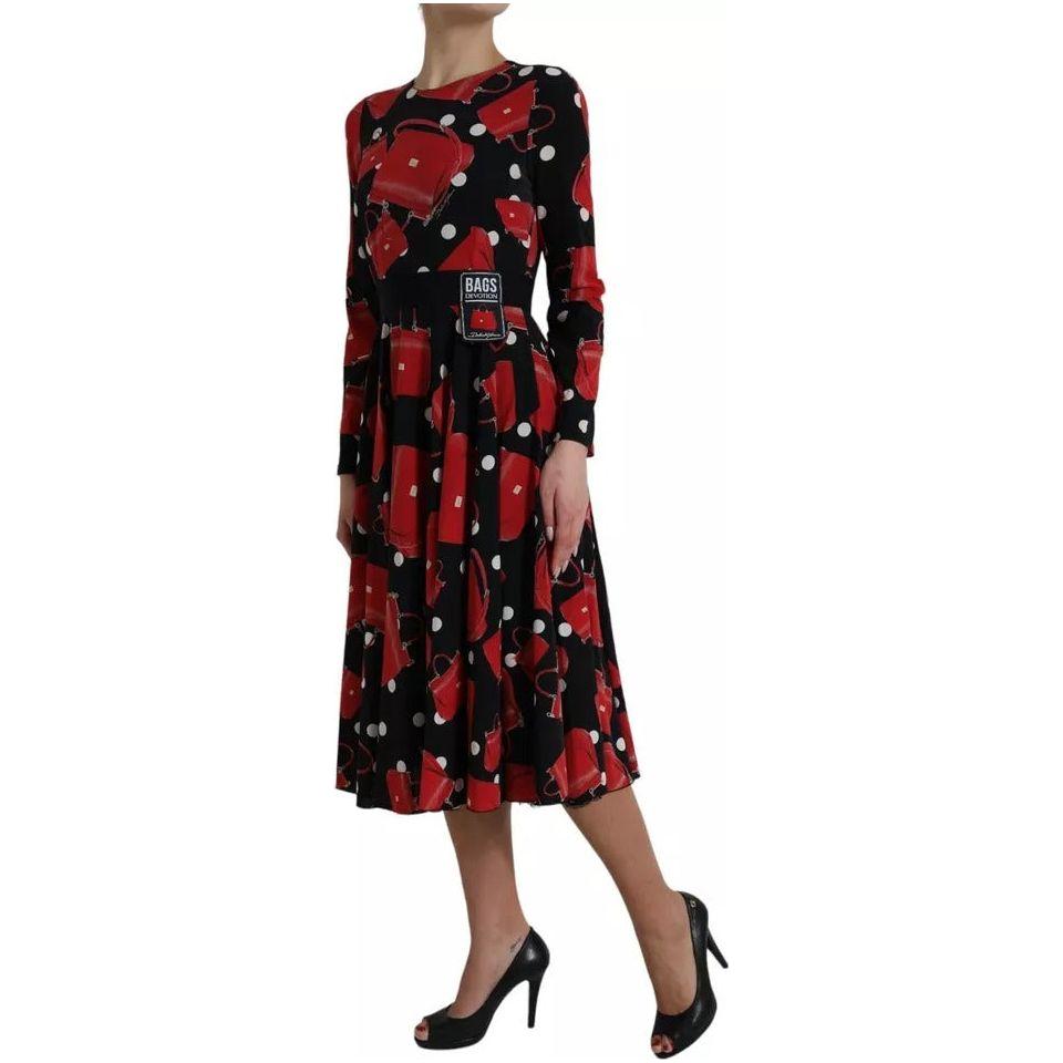 Dolce & Gabbana Black Sicily Bag Print Flared Midi Dress Dolce & Gabbana Black