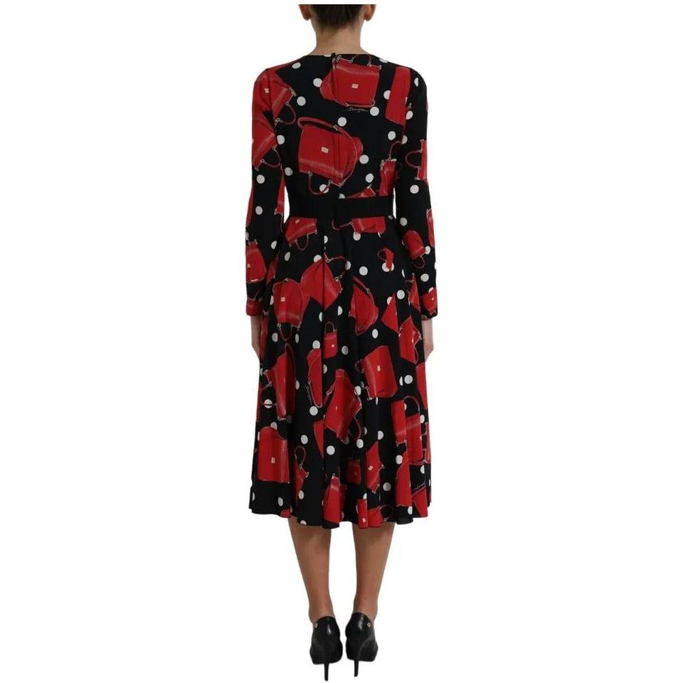 Dolce & Gabbana Black Sicily Bag Print Flared Midi Dress Dolce & Gabbana Black