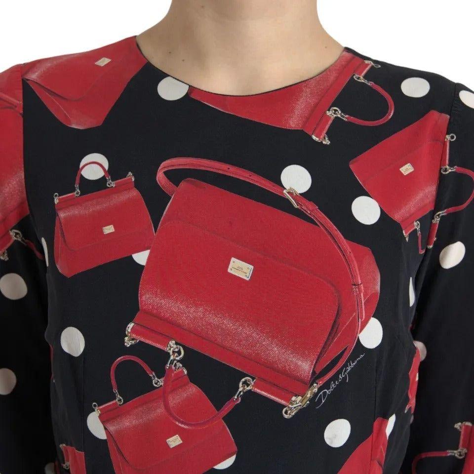 Dolce & Gabbana Black Sicily Bag Print Flared Midi Dress Dolce & Gabbana Black