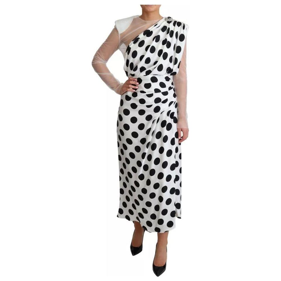 Dolce & Gabbana White Polka Dots Crystal One Shoulder Dress Dolce & Gabbana Gray