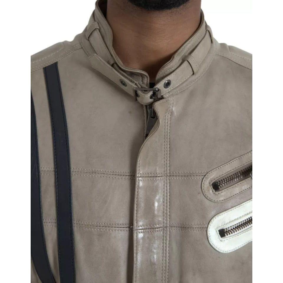 Dolce & Gabbana Beige Leather Full Zip Biker Coat Jacket Dolce & Gabbana Dim Gray