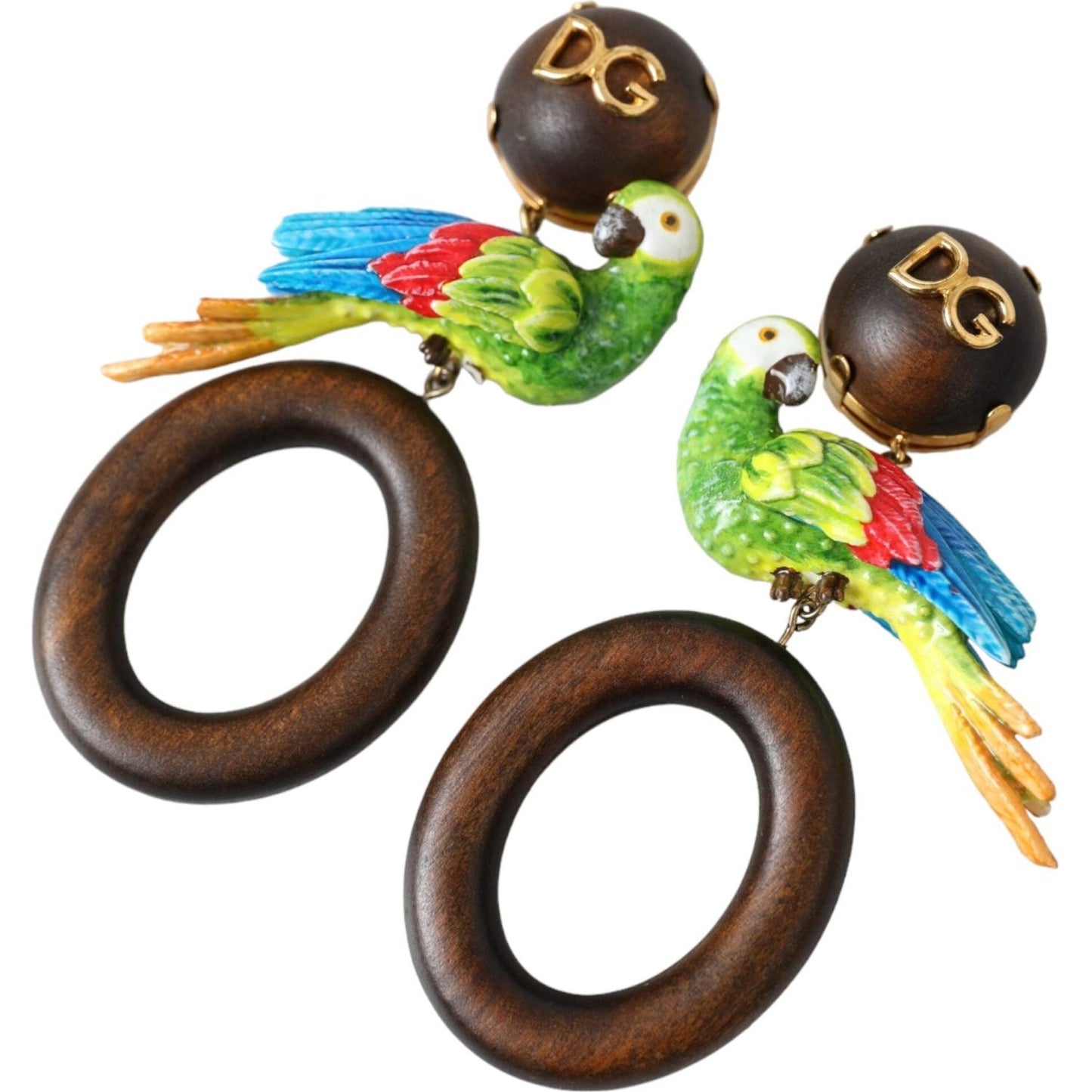 Dolce & Gabbana Multicolor Parrot Wood Brass Crystal Embellished Earring Earrings Dolce & Gabbana Dark Olive Green
