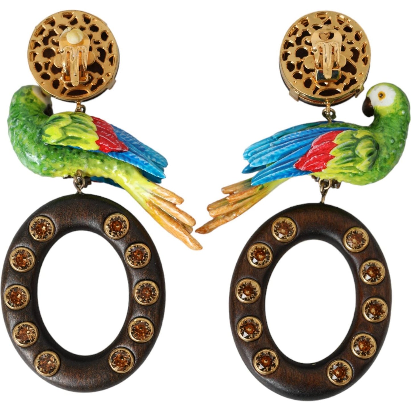 Dolce & Gabbana Multicolor Parrot Wood Brass Crystal Embellished Earring Earrings Dolce & Gabbana Tan
