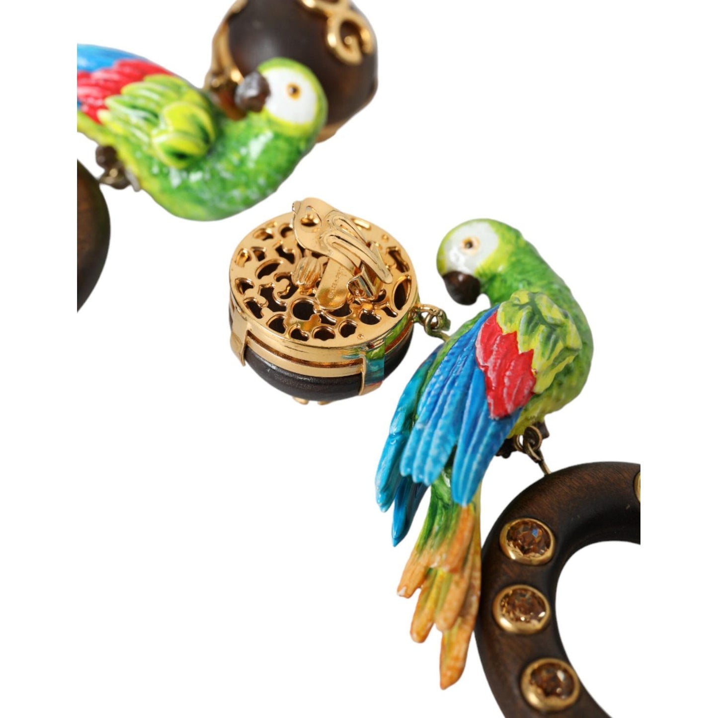 Dolce & Gabbana Multicolor Parrot Wood Brass Crystal Embellished Earring Earrings Dolce & Gabbana Dark Olive Green