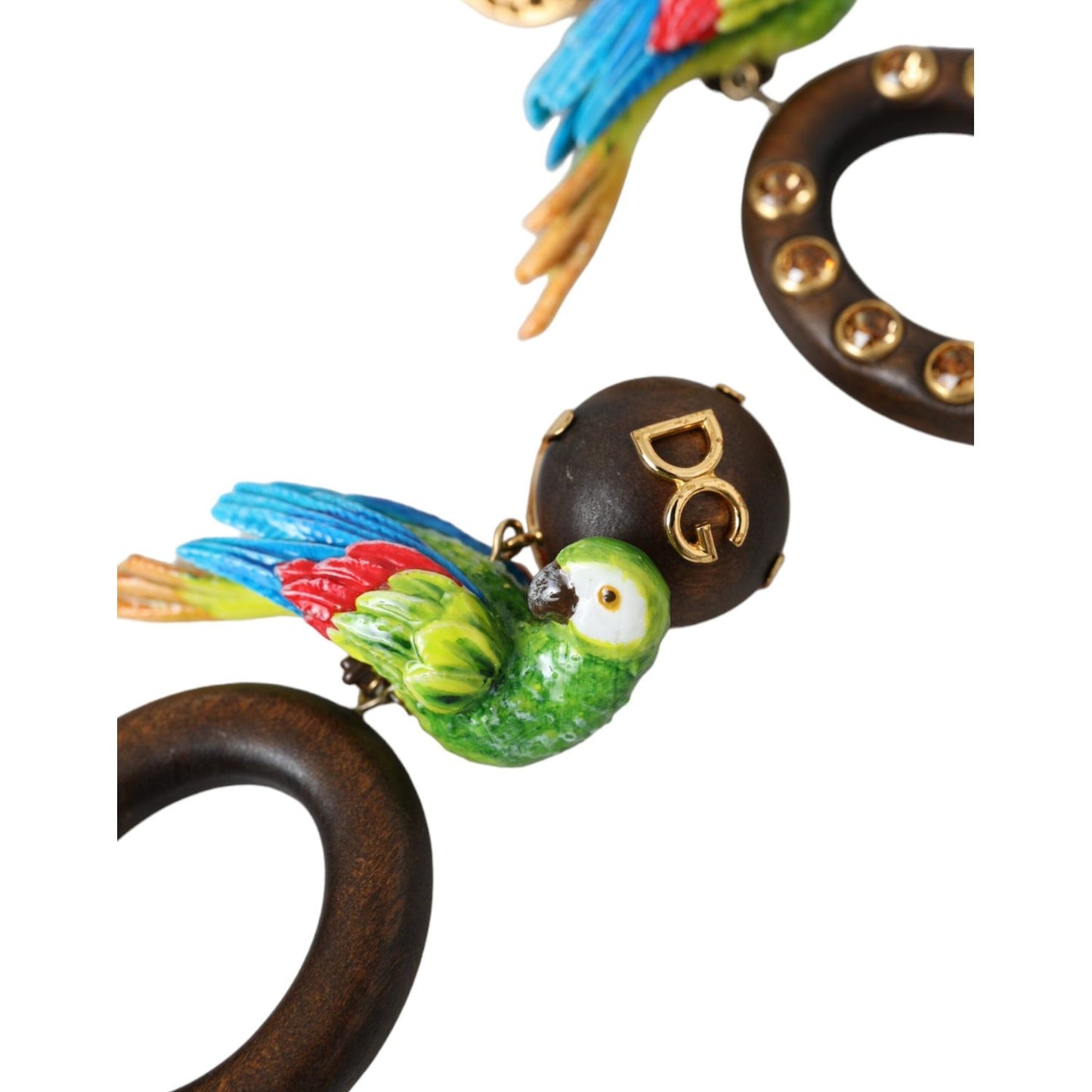 Dolce & Gabbana Multicolor Parrot Wood Brass Crystal Embellished Earring Earrings Dolce & Gabbana Dark Slate Gray