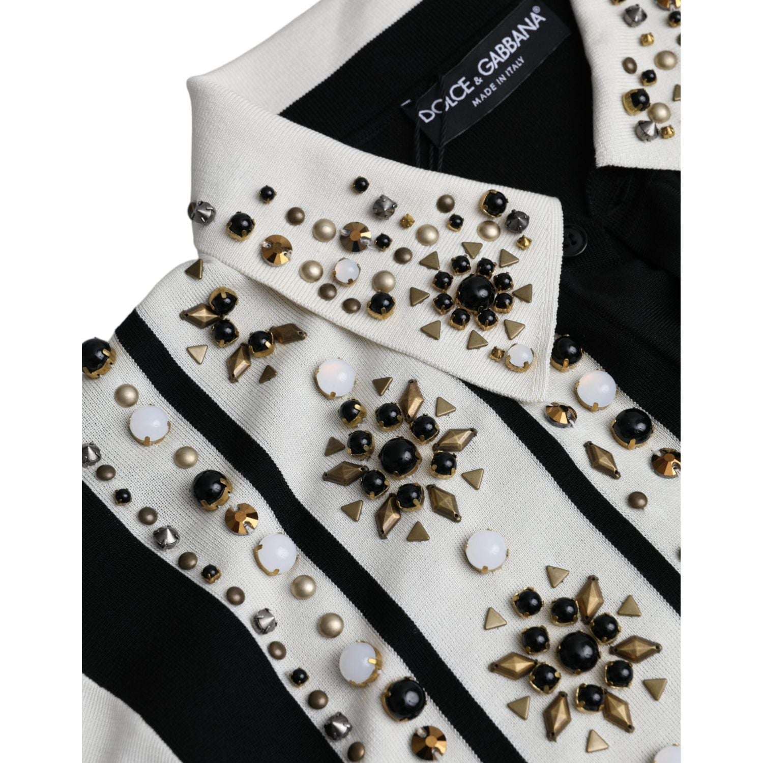 Dolce & Gabbana White Black Silk Studded Stone Crystal Shirt