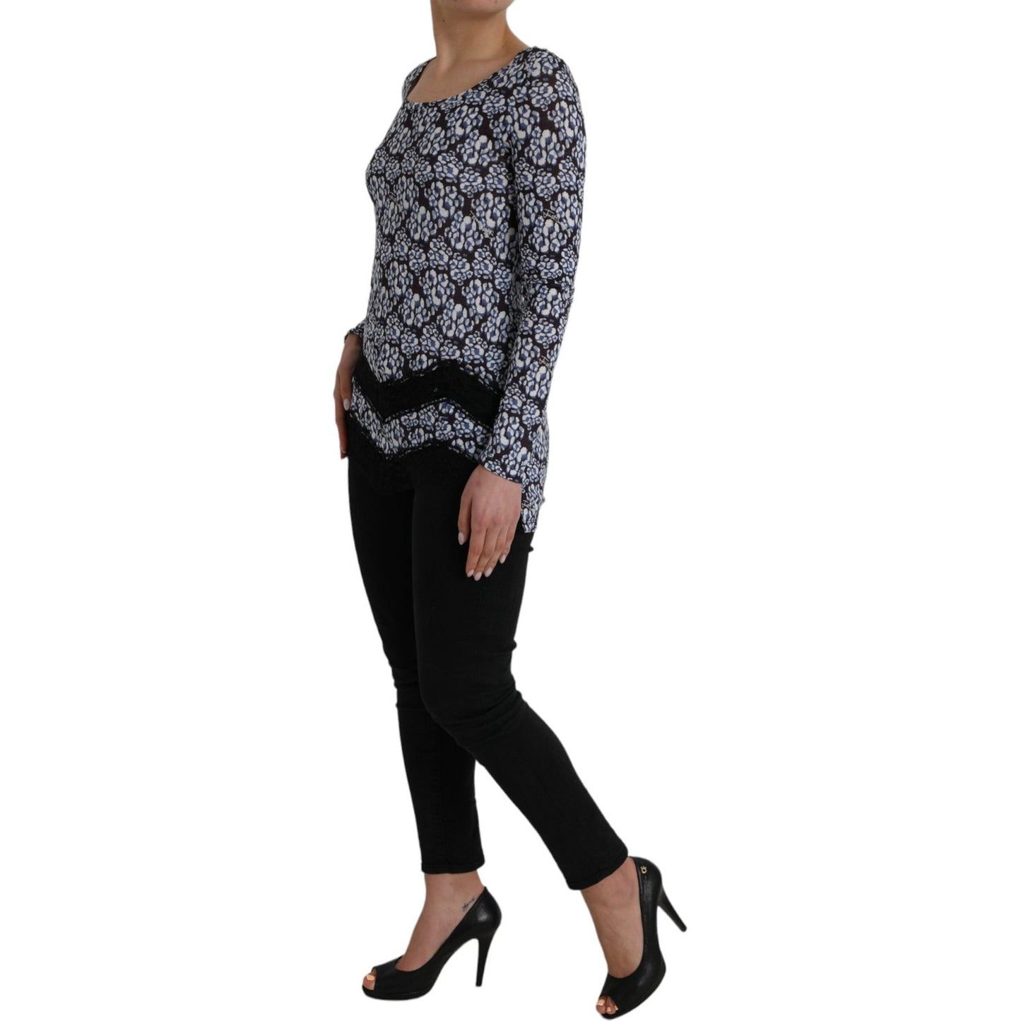 Just Cavalli Blue Floral Lace Long Sleeves Top Underwear Blouse Just Cavalli Black
