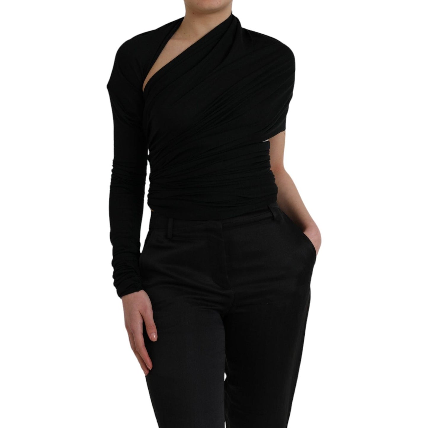 Dolce & Gabbana Black Wool Cutout Asymmetric Long Sleeve Top Dolce & Gabbana Black