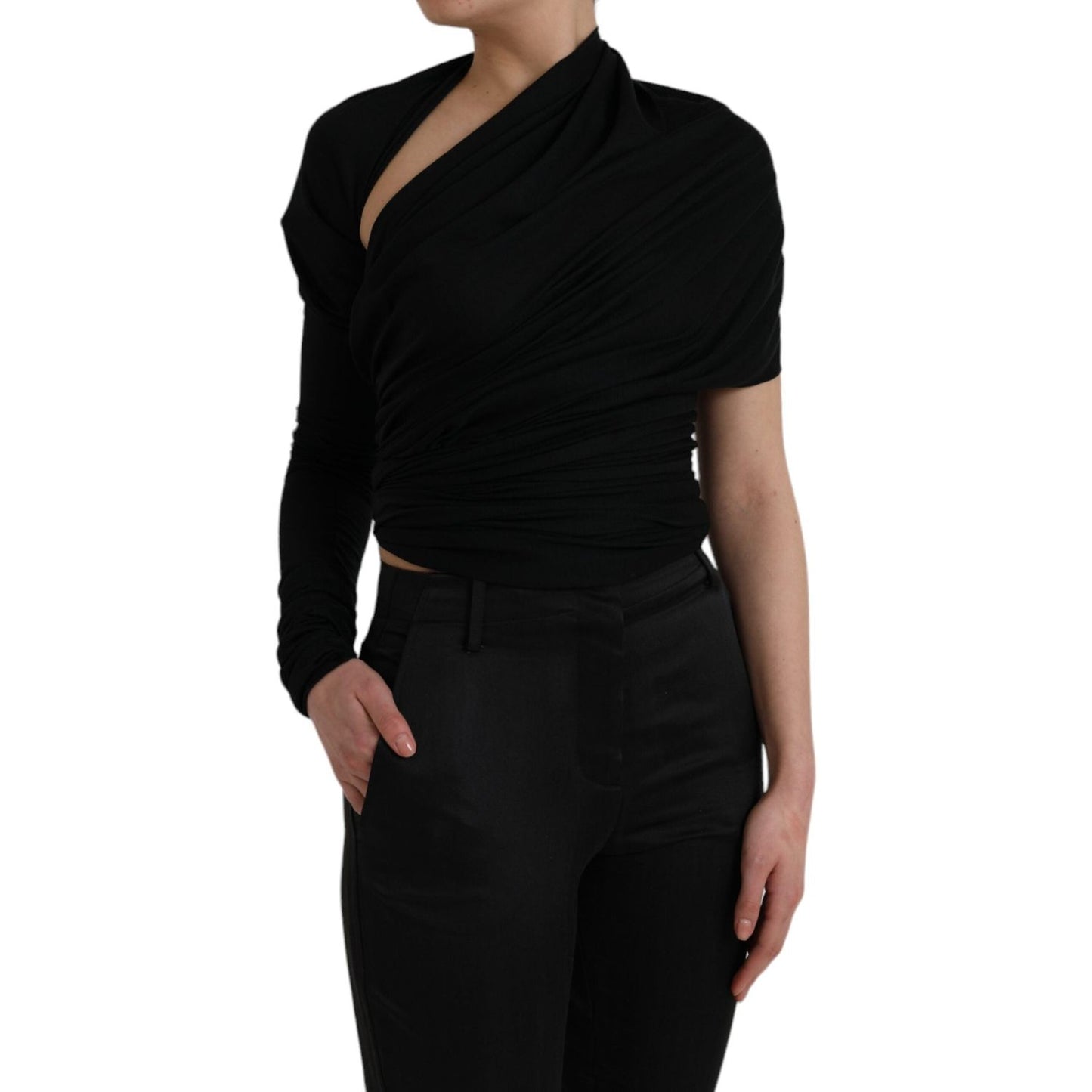 Dolce & Gabbana Black Wool Cutout Asymmetric Long Sleeve Top Dolce & Gabbana Black