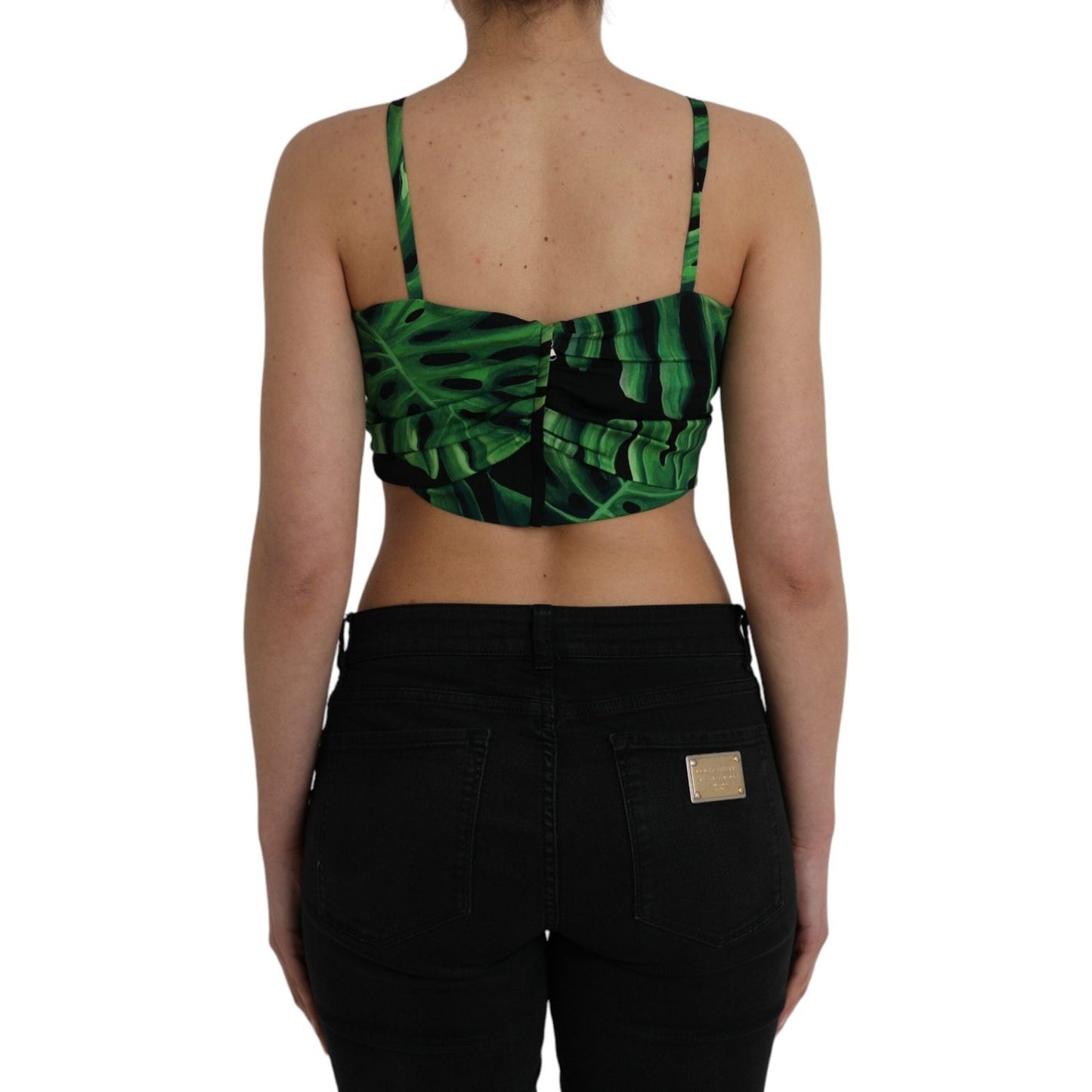 Dolce & Gabbana Black Green Leaf Silk Halter Cropped Top Dolce & Gabbana Black