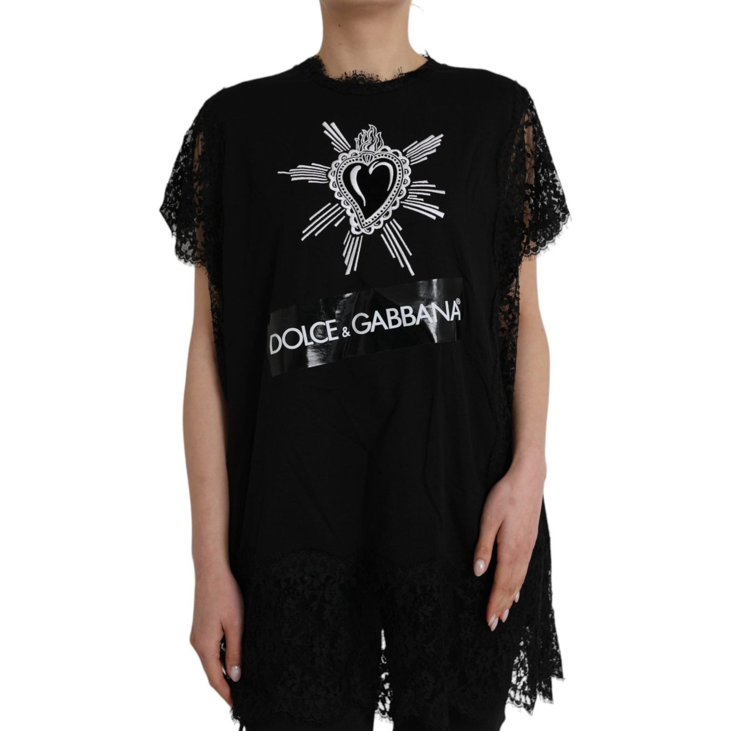 Dolce & Gabbana Black Sacred Heart Print Cotton Lace T-shirt Dolce & Gabbana Rosy Brown