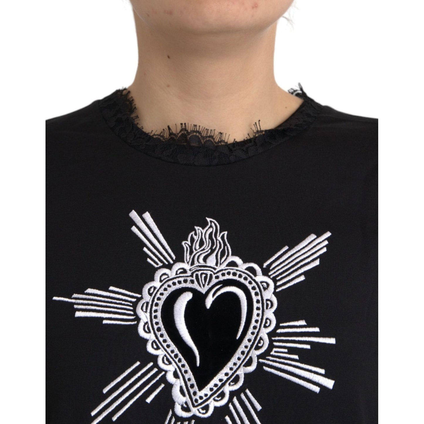 Dolce & Gabbana Black Sacred Heart Print Cotton Lace T-shirt Dolce & Gabbana Tan