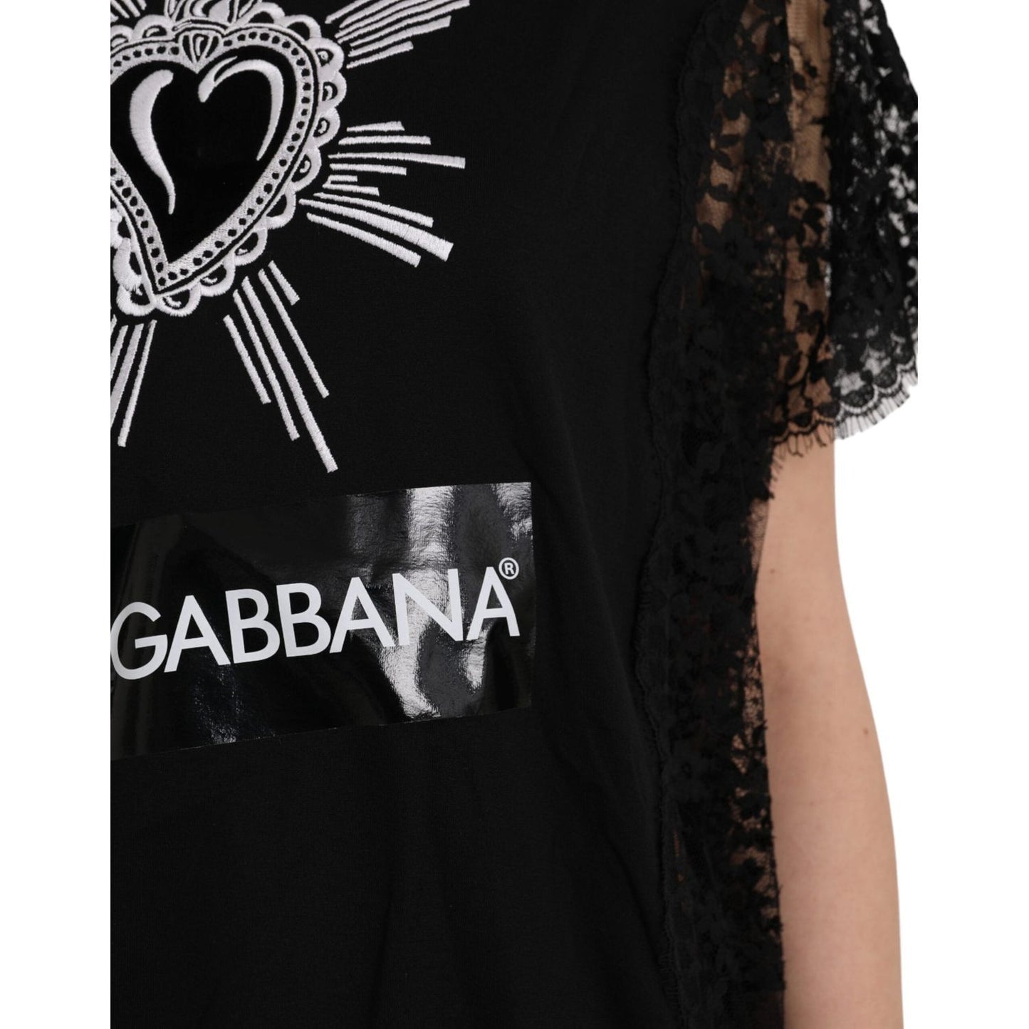 Dolce & Gabbana Black Sacred Heart Print Cotton Lace T-shirt Dolce & Gabbana Dark Gray