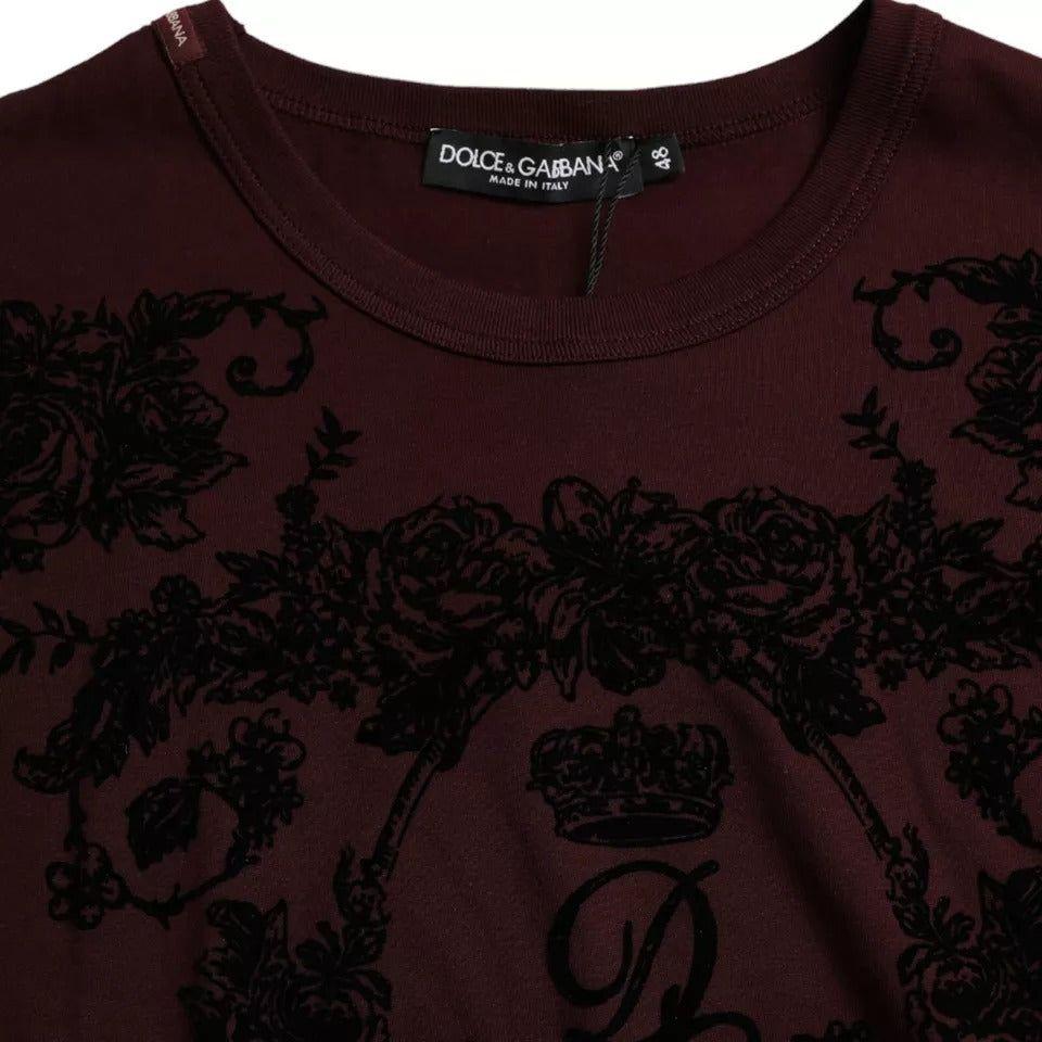 Dolce & Gabbana Maroon DG Crown Floral Crewneck Men T-shirt Dolce & Gabbana Black