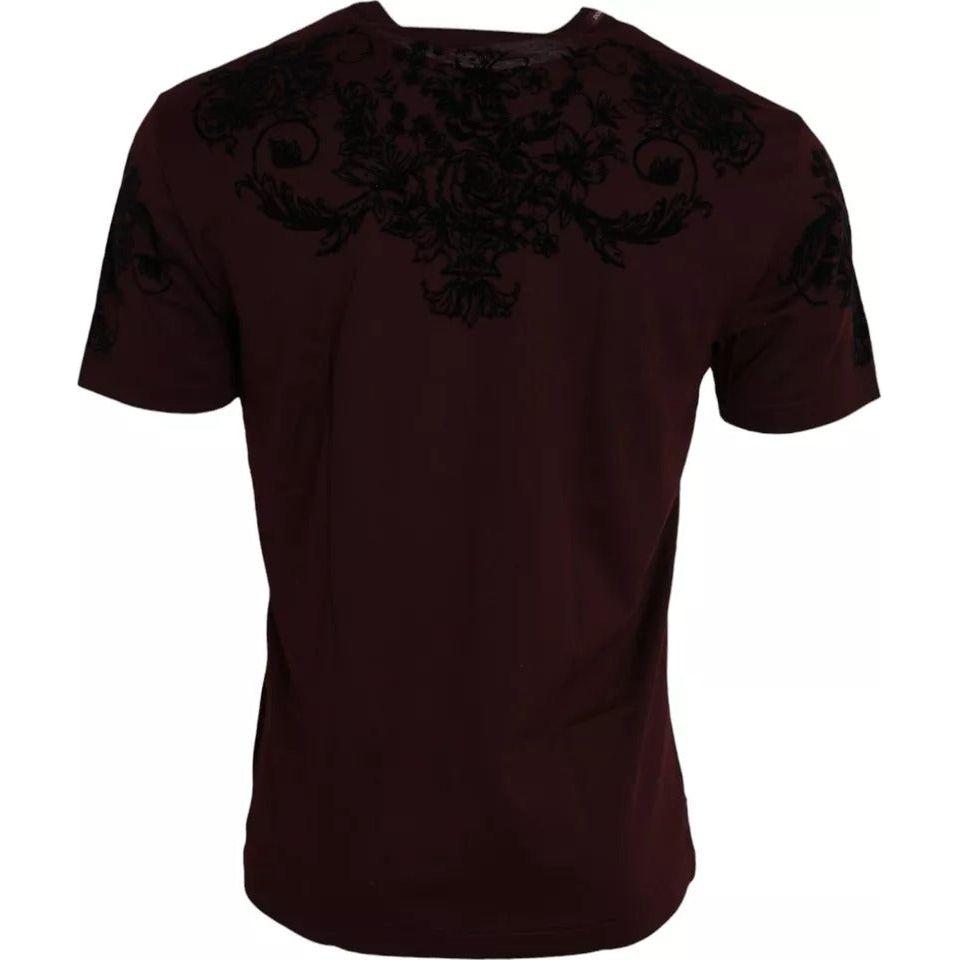 Dolce & Gabbana Maroon DG Crown Floral Crewneck Men T-shirt Dolce & Gabbana Black