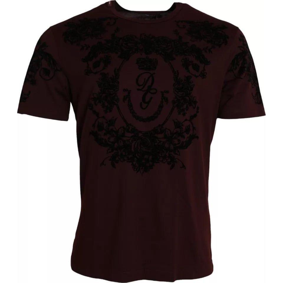 Dolce & Gabbana Maroon DG Crown Floral Crewneck Men T-shirt Dolce & Gabbana Black